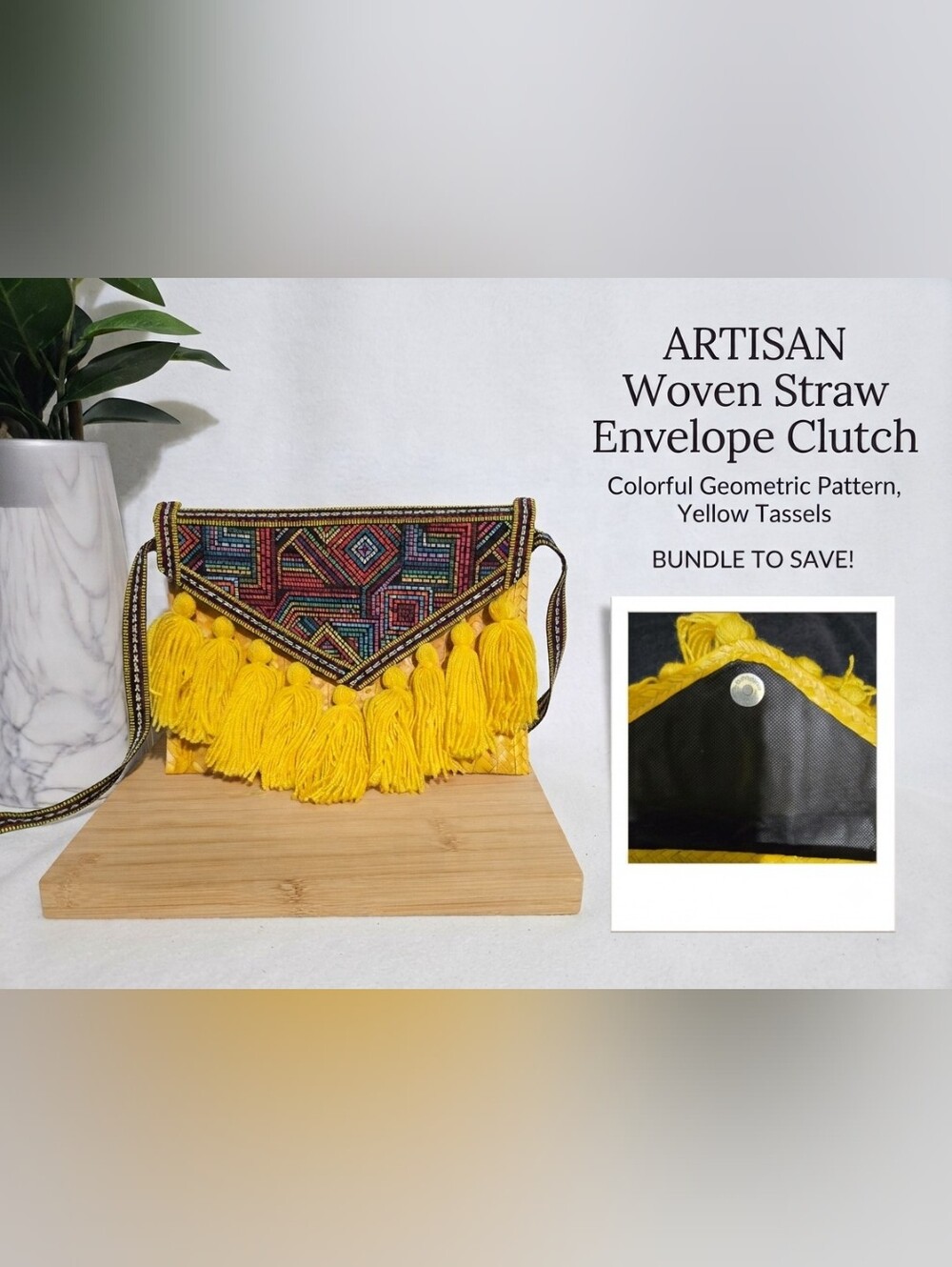 Artisan Multicolor Woven Straw Clutch with Yellow Tassels